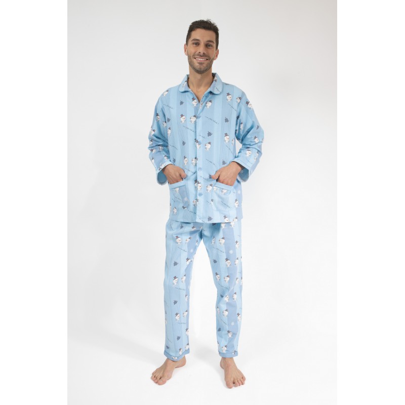 Lange winterpyjama heren blauw/grijs gestreept