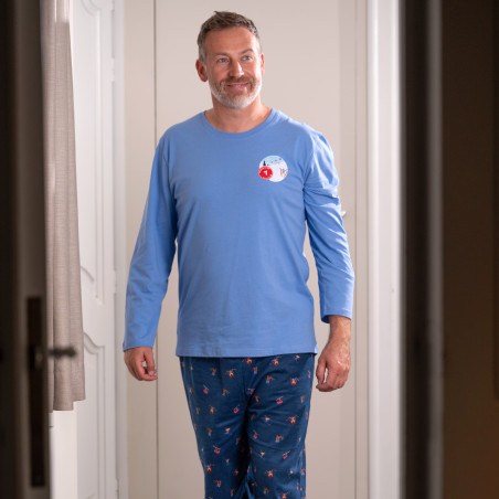 Pyjama d'hiver jersey/flanelle pour hommes bleu nuit avec des skieurs.